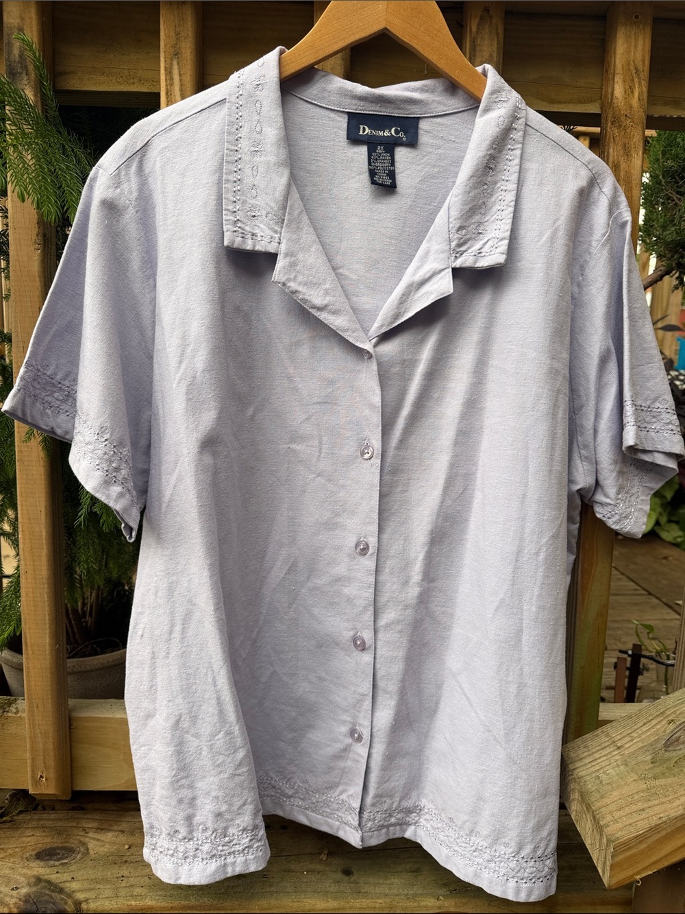 Denim&Co Light Lavender Short-Sleeve Button-Front Linen Shirt